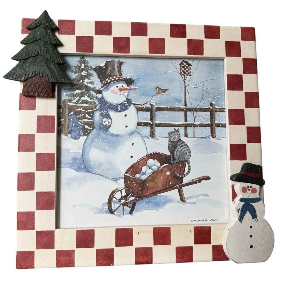 Sandi Gore Evans Folk Art Christmas Snowman Picture wooden hand painted frame